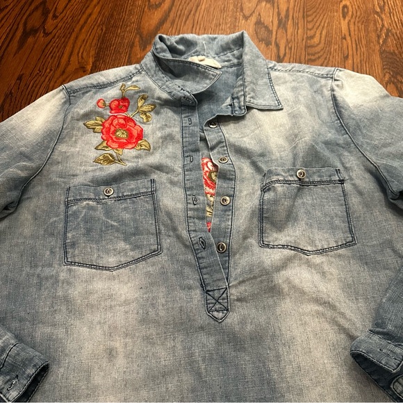 En Crème Embroidered Chambray Tunic Dress Boho Floral Denim Shirt Women L - Picture 7 of 14